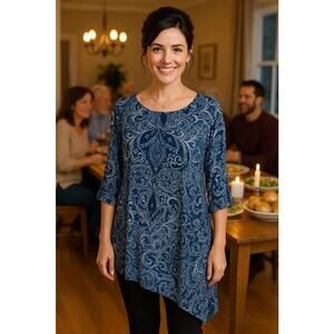 Avenue Women’s 3/4 Roll Tab Sleeve Paisley Blue White Asymmetric Blouse, 22/24